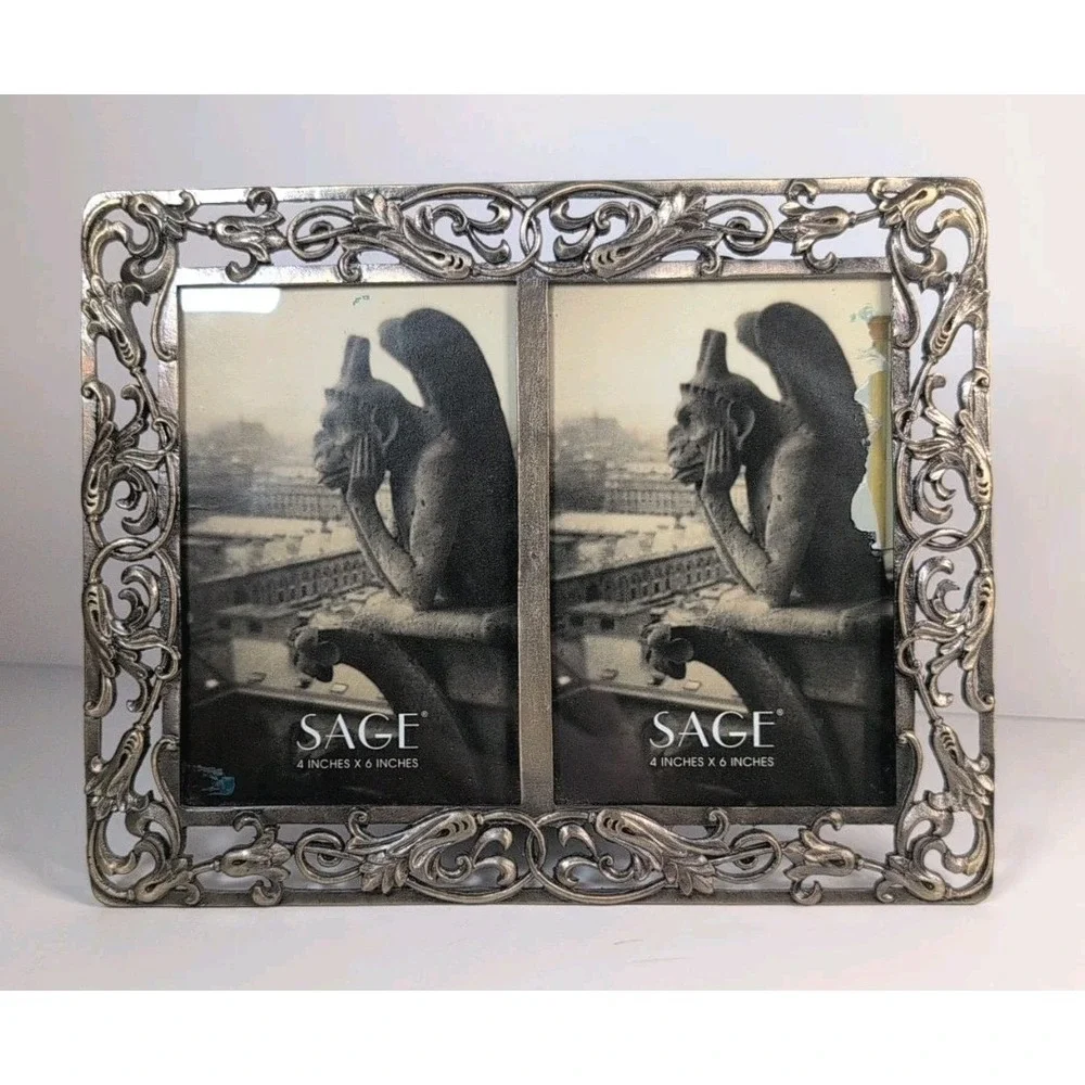 Sage Brand Ornate Baroque Picture Frame Pewter Holds Two‎ 4